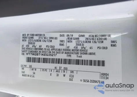 2019 Ford F-250 Lariat из США, поврежденный, VIN 1FT7W2BT1KEG35217